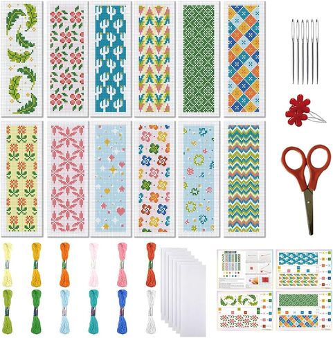 FREEBLOSS 12pcs Floral Cross Stitch Bookmark Kit 11CT Stamped Cross Stitch Kit DIY Embroidery Bookmarks Set with Felts Backing Instructions for Adult Beginners 8"x2.4" in Saudi Arabia