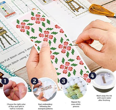 FREEBLOSS 12pcs Floral Cross Stitch Bookmark Kit 11CT Stamped Cross Stitch Kit DIY Embroidery Bookmarks Set with Felts Backing Instructions for Adult Beginners 8"x2.4" in Saudi Arabia