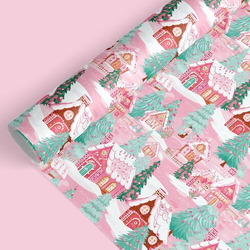 JarThenaAMCS Christmas Wrapping Paper - Mini Roll - 17 Inch x 32.8 Ft Pink Gingerbread House Xmas Tree Gift Wrap Paper Single-Sided for Home Party DIY Crafts in Saudi Arabia