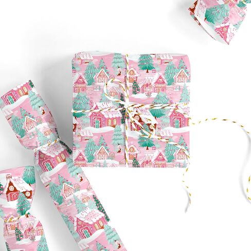 JarThenaAMCS Christmas Wrapping Paper - Mini Roll - 17 Inch x 32.8 Ft Pink Gingerbread House Xmas Tree Gift Wrap Paper Single-Sided for Home Party DIY Crafts in Saudi Arabia