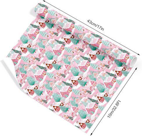JarThenaAMCS Christmas Wrapping Paper - Mini Roll - 17 Inch x 32.8 Ft Pink Gingerbread House Xmas Tree Gift Wrap Paper Single-Sided for Home Party DIY Crafts in Saudi Arabia