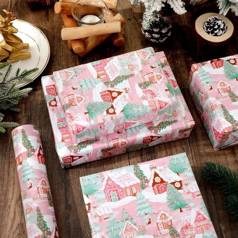 JarThenaAMCS Christmas Wrapping Paper - Mini Roll - 17 Inch x 32.8 Ft Pink Gingerbread House Xmas Tree Gift Wrap Paper Single-Sided for Home Party DIY Crafts in Saudi Arabia