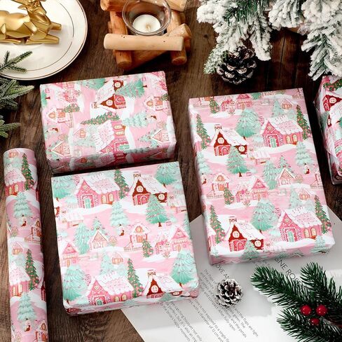JarThenaAMCS Christmas Wrapping Paper - Mini Roll - 17 Inch x 32.8 Ft Pink Gingerbread House Xmas Tree Gift Wrap Paper Single-Sided for Home Party DIY Crafts in Saudi Arabia