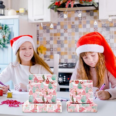 JarThenaAMCS Christmas Wrapping Paper - Mini Roll - 17 Inch x 32.8 Ft Pink Gingerbread House Xmas Tree Gift Wrap Paper Single-Sided for Home Party DIY Crafts in Saudi Arabia