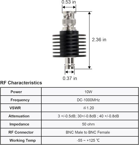 XRDS -RF BNC Male to BNC Female Coaxial RF Attenuator 10W 20dB, 50 Ohm Attenuator, 10W BNC Male to Female Connector, High-Power RF Coaxial Attenuator for Signal Reduction, Testing & Telecommunications in Saudi Arabia