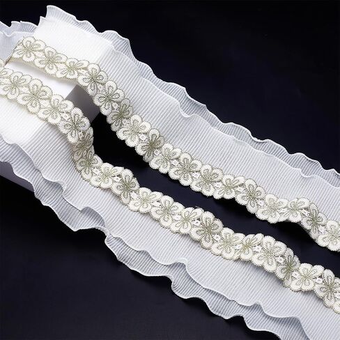 AHANDMAKER 3 Yards Ruffle Pleated Trim, Butterfly Pleated Satin Lace Edge Trim 2-Layer Pleated Lace Trims Ruffle Edging Trimmings Fabric for Dress Collar Embellishments Wedding Sewing Craft in Saudi Arabia