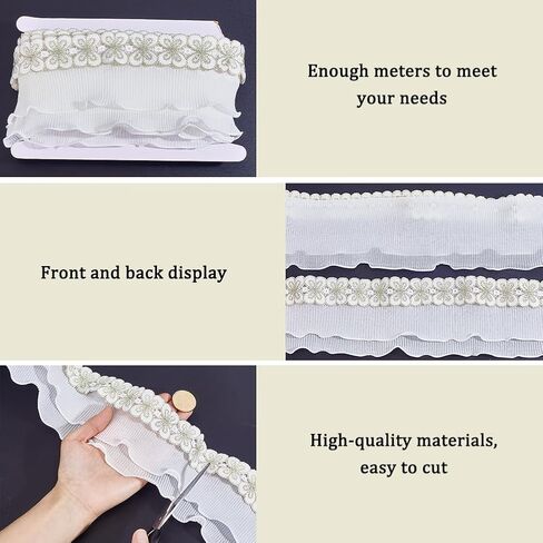 AHANDMAKER 3 Yards Ruffle Pleated Trim, Butterfly Pleated Satin Lace Edge Trim 2-Layer Pleated Lace Trims Ruffle Edging Trimmings Fabric for Dress Collar Embellishments Wedding Sewing Craft in Saudi Arabia