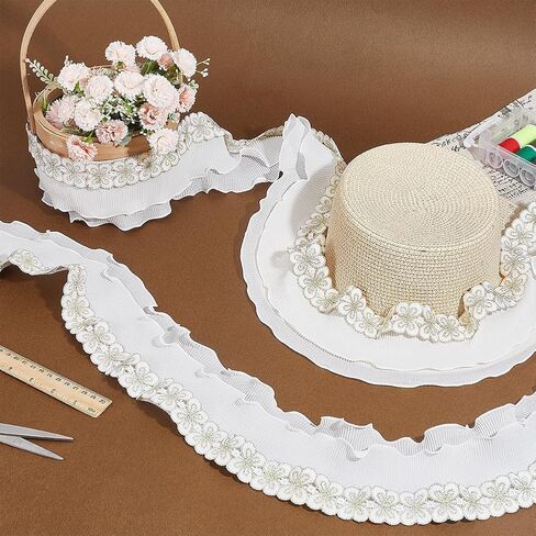AHANDMAKER 3 Yards Ruffle Pleated Trim, Butterfly Pleated Satin Lace Edge Trim 2-Layer Pleated Lace Trims Ruffle Edging Trimmings Fabric for Dress Collar Embellishments Wedding Sewing Craft in Saudi Arabia
