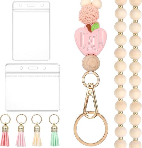 Teacher Badge Lanyard, 1 Pcs Wooden Beaded Lanyard With ID Holder, 2 Pc Card Sleeve, 4 Pc Tassels, Cute Boho Key Ring For Teachers, Women, School in Saudi Arabia