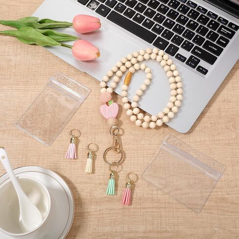 Teacher Badge Lanyard, 1 Pcs Wooden Beaded Lanyard With ID Holder, 2 Pc Card Sleeve, 4 Pc Tassels, Cute Boho Key Ring For Teachers, Women, School in Saudi Arabia