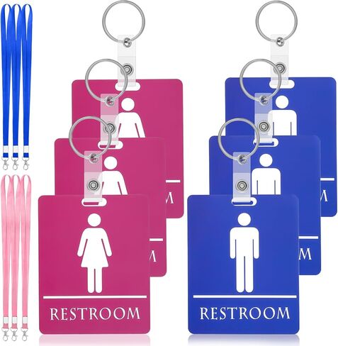 6 Pcs Bathroom Pass Hall Pass Key Tag with Key Holder Keychain with Lanyard PVC Restroom Passes for Classroom Office Family Restaurant Toilet Gas Station Women Men Blue Pink in Saudi Arabia