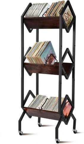 3 Tier Vinyl Record Storage Rack, 200-250 LP Storage Shelf, Mobile Record Display Holder for Albums, Organizer for Magazines, Books and Files, Vinyl Record Stand with 3 Dividers, Rustic Brown in Saudi Arabia
