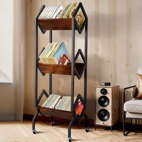 3 Tier Vinyl Record Storage Rack, 200-250 LP Storage Shelf, Mobile Record Display Holder for Albums, Organizer for Magazines, Books and Files, Vinyl Record Stand with 3 Dividers, Rustic Brown in Saudi Arabia