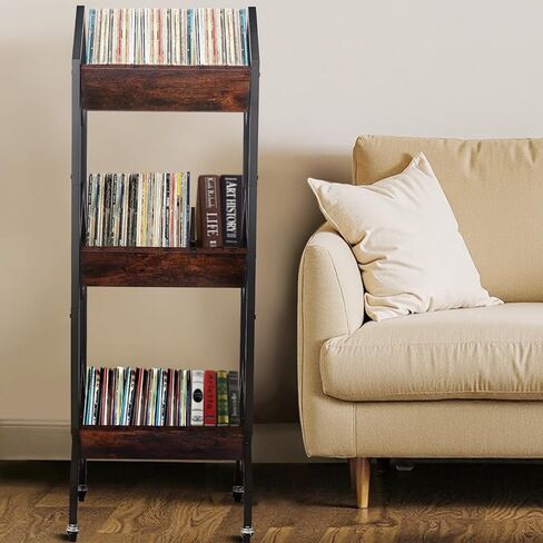 3 Tier Vinyl Record Storage Rack, 200-250 LP Storage Shelf, Mobile Record Display Holder for Albums, Organizer for Magazines, Books and Files, Vinyl Record Stand with 3 Dividers, Rustic Brown in Saudi Arabia