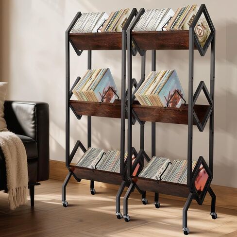 3 Tier Vinyl Record Storage Rack, 200-250 LP Storage Shelf, Mobile Record Display Holder for Albums, Organizer for Magazines, Books and Files, Vinyl Record Stand with 3 Dividers, Rustic Brown in Saudi Arabia