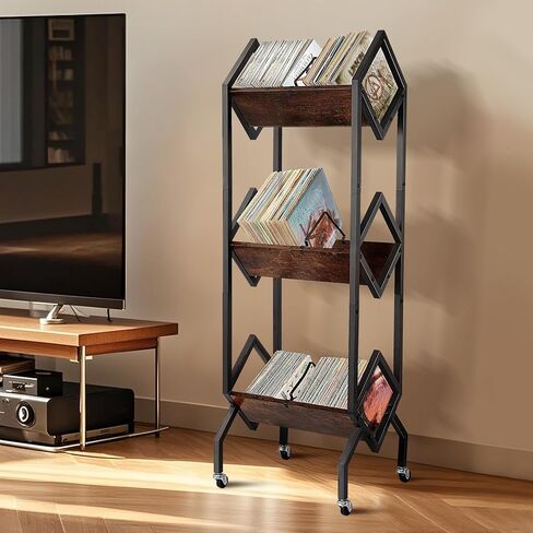 3 Tier Vinyl Record Storage Rack, 200-250 LP Storage Shelf, Mobile Record Display Holder for Albums, Organizer for Magazines, Books and Files, Vinyl Record Stand with 3 Dividers, Rustic Brown in Saudi Arabia