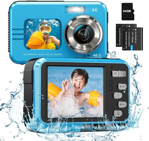 4K Waterproof Camera Underwater Camera Snorkeling 11FT with 64GB Card Dual Screens Selfie 48MP Autofocus 16X Zoom Compact Digital Camera Waterproof with 2 Batteries (Black) in Kuwait