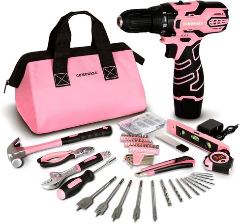 COMOWARE Pink Power Drill, 12V Pink Cordless Drill, Pink Drill Set for Women, 1 Battery & Charger, 3/8" Keyless Chuck, 2 Variable Speed, 0-450 & 0-1500 RPM, 18+1 Position and 23pcs Drill/Driver Bits in Kuwait