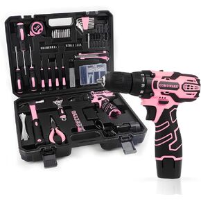 COMOWARE 12V Pink Cordless Drill Driver and Home Tool Kit, Pink Drill Set for Women, Lady's Home Repairing Tool Kit with Power Drill, Large-Capacity Tool Storage Bag Included in Kuwait