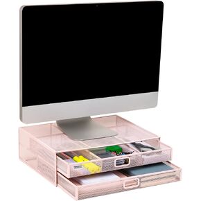 Mind Reader Mesh Monitor Stand with Storage Drawer, Ventilated Laptop Riser and Desktop Organizer, Office, Metal Mesh, Pink in Kuwait