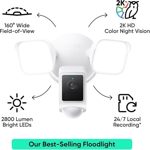 كاميرا WYZE Floodlight v2، مصابيح LED 2800 لومن، كاميرا أمان خارجية 2K HD، رؤية واسعة 160 درجة، ضوء منشط بالحركة، صفارة إنذار 105 ديسيبل، تخزين سحابي ومحلي، رؤية ليلية ملونة، سلكية (متجددة)، أسود in Saudi Arabia