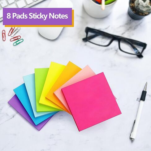 ملاحظات لاصقة 3x3 بوصة، وسادات ذاتية اللصق بألوان زاهية، سهلة النشر للمنزل والمكتب والدفتر، 82 ورقة/وسادة، 8 وسادات/عبوة in Saudi Arabia
