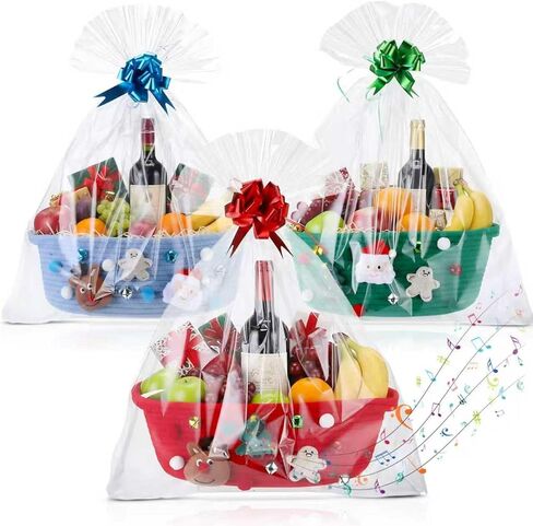 Spcvehaciast 3 Pcs Christmas Baskets for Gifts Empty, Christmas Gift Baskets Empty Wrapping Set with Clear Gift Bags and Bow Ribbon, Bells Christma Tree Santa Elements, Cotton Woven Xmas Giftt Basket in Saudi Arabia