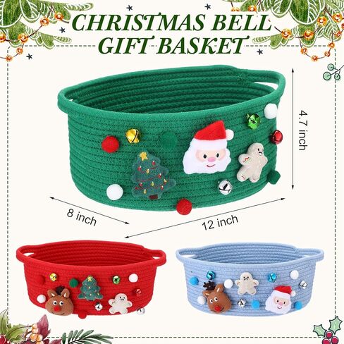 Spcvehaciast 3 Pcs Christmas Baskets for Gifts Empty, Christmas Gift Baskets Empty Wrapping Set with Clear Gift Bags and Bow Ribbon, Bells Christma Tree Santa Elements, Cotton Woven Xmas Giftt Basket in Saudi Arabia