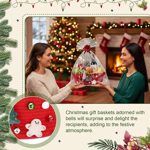 Spcvehaciast 3 Pcs Christmas Baskets for Gifts Empty, Christmas Gift Baskets Empty Wrapping Set with Clear Gift Bags and Bow Ribbon, Bells Christma Tree Santa Elements, Cotton Woven Xmas Giftt Basket in Saudi Arabia