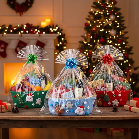 Spcvehaciast 3 Pcs Christmas Baskets for Gifts Empty, Christmas Gift Baskets Empty Wrapping Set with Clear Gift Bags and Bow Ribbon, Bells Christma Tree Santa Elements, Cotton Woven Xmas Giftt Basket in Saudi Arabia