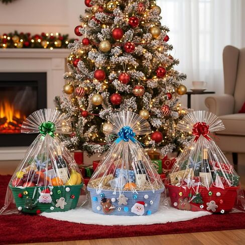 Spcvehaciast 3 Pcs Christmas Baskets for Gifts Empty, Christmas Gift Baskets Empty Wrapping Set with Clear Gift Bags and Bow Ribbon, Bells Christma Tree Santa Elements, Cotton Woven Xmas Giftt Basket in Saudi Arabia