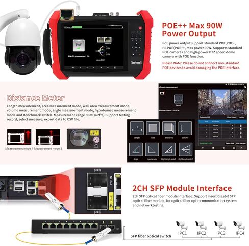 Rsrteng CCTV Tester 8K 32MP 12MP IP Camera Tester POE++ Max 90W POE Camera Tester 2CH SFP Port WIFI Network Tools Cable Tester HDMI VGA Power Output POE++ Detect Power Management in Kuwait