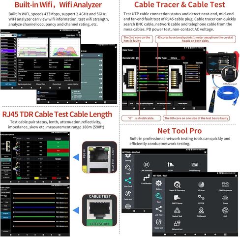 Rsrteng CCTV Tester 8K 32MP 12MP IP Camera Tester POE++ Max 90W POE Camera Tester 2CH SFP Port WIFI Network Tools Cable Tester HDMI VGA Power Output POE++ Detect Power Management in Kuwait
