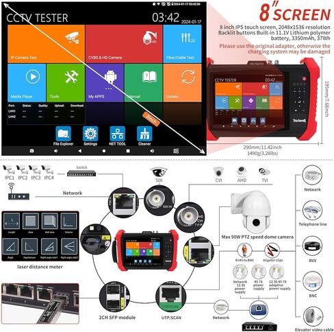 Rsrteng CCTV Tester 8K 32MP 12MP IP Camera Tester POE++ Max 90W POE Camera Tester 2CH SFP Port WIFI Network Tools Cable Tester HDMI VGA Power Output POE++ Detect Power Management in Kuwait