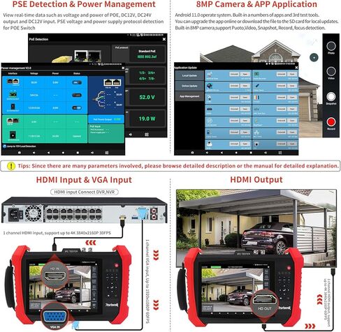 Rsrteng CCTV Tester 8K 32MP 12MP IP Camera Tester POE++ Max 90W POE Camera Tester 2CH SFP Port WIFI Network Tools Cable Tester HDMI VGA Power Output POE++ Detect Power Management in Kuwait