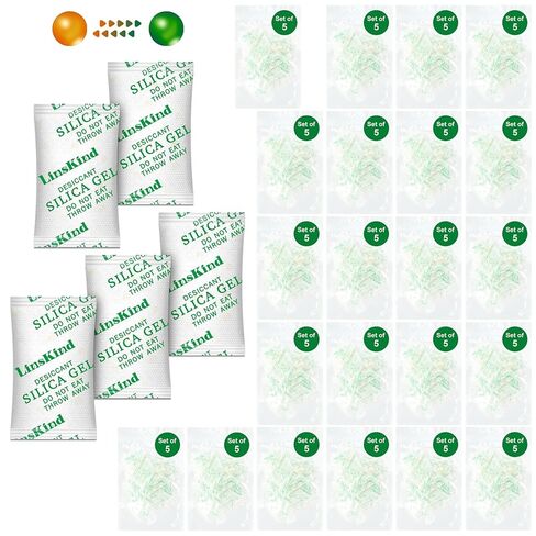 LinsKind 100 جرام [8 عبوات] ممتص للرطوبة، [مجموعة من 1] عبوات جل السيليكا المفرغة بشكل فردي، عبوات مجففة قابلة لإعادة الشحن ومزدوجة الألوان للتخزين، وحزم سيليكا للتحكم في الرطوبة in Kuwait