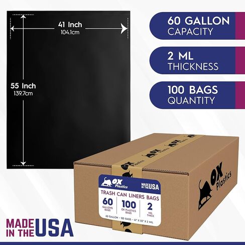 55 Gallon Trash Can Liners Bags - (50 Count) Capacity & 2mil Thick Extra Heavy Duty Strength - Large Garbage, Leak-Proof & Durable, House & Commercial Use Bags Black in Kuwait