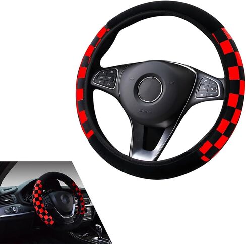 Car Steering Wheel Cover, Soft Plush Checkered Protector for 14.5" - 15" Steering Wheel, Non-slip High Elasticity No Inner Design, Anti-scratch Decoration Accessory (Red & Black) in Saudi Arabia
