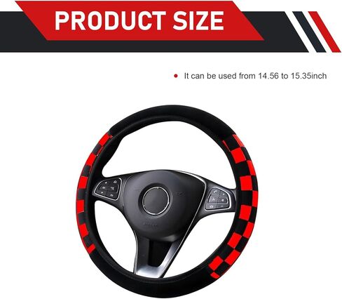 Car Steering Wheel Cover, Soft Plush Checkered Protector for 14.5" - 15" Steering Wheel, Non-slip High Elasticity No Inner Design, Anti-scratch Decoration Accessory (Red & Black) in Saudi Arabia