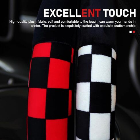 Car Steering Wheel Cover, Soft Plush Checkered Protector for 14.5" - 15" Steering Wheel, Non-slip High Elasticity No Inner Design, Anti-scratch Decoration Accessory (Red & Black) in Saudi Arabia