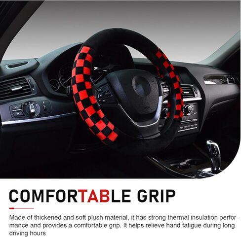 Car Steering Wheel Cover, Soft Plush Checkered Protector for 14.5" - 15" Steering Wheel, Non-slip High Elasticity No Inner Design, Anti-scratch Decoration Accessory (Red & Black) in Saudi Arabia