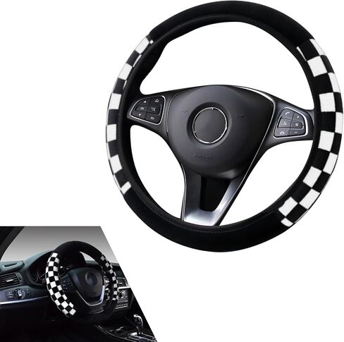 Car Steering Wheel Cover, Soft Plush Checkered Protector for 14.5" - 15" Steering Wheel, Non-slip High Elasticity No Inner Design, Anti-scratch Decoration Accessory (Red & Black) in Saudi Arabia
