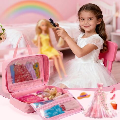 Carrying Case Compatible with Barbie Dolls 12-Inch, Storage Organizer Holder with Handle for up to 6 Dolls, Multiple Pockets for Clothes & Accessories,Travel Portable Storage Bag,Pink in Saudi Arabia