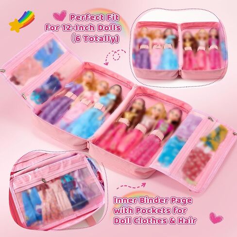 Carrying Case Compatible with Barbie Dolls 12-Inch, Storage Organizer Holder with Handle for up to 6 Dolls, Multiple Pockets for Clothes & Accessories,Travel Portable Storage Bag,Pink in Saudi Arabia