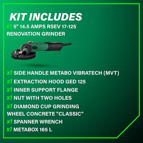 Metabo 5-Inch Concrete Renovation Angle Grinder Kit | Variable Speed | 2,800-9,600 RPM | 14.5 Amps | Slide Switch (Locking) | Electronics | RSEV 17-125 Set in Saudi Arabia