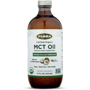 زيت Flora Health MCT لتعزيز الطاقة العضوية، C8 كابريليك وC10 أحماض الكابريك، كيتو، موافق للشريعة اليهودية، غير معدّل وراثيًا تم التحقق منه، 100% من جوز الهند من مصادر أخلاقية ومستدامة، 8.5 أونصة سائلة، زجاجة زجاجية in Kuwait