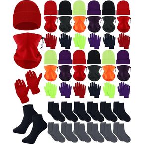 48 Pack Unisex Thermal Winter Bulk 12 Cozy Beanies, 12 Neck Warmers, 12 Pairs Winter Gloves and 12 Pairs Warm Socks Donation Charity Care Bundle for Homeless Men Women Bundle Gift Set, Black in Saudi Arabia