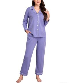 EA'S SECRET Womens Pajama Sets 100% Cotton Long Sleeve Shirt and Pants Soft Sleepwear Loungewear Button Down Pj Set in Kuwait