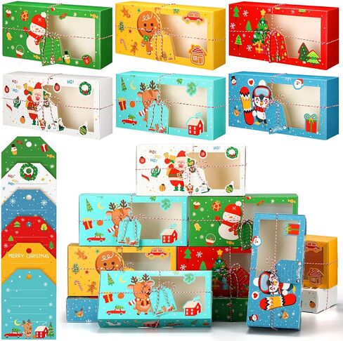Roowest 36 Pcs Christmas Cookie Boxes - 12x5.5x2.5 Inches Christmas Treat Boxes Xmas Bakery Box with Window Cookie Containers Tins with Tags Tighten Strings for Bakery Party Supplies(Multicolor) in Saudi Arabia