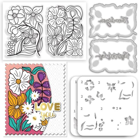 INFUNLY Layered Ranunculus Clear Stamps and Cutting Dies Set with Reusable Wall Painting Template for Card Making Floral Butterfly Silicone Stamps Words Die Cuts Stencils for DIY Craft Scrap-Booking in Saudi Arabia
